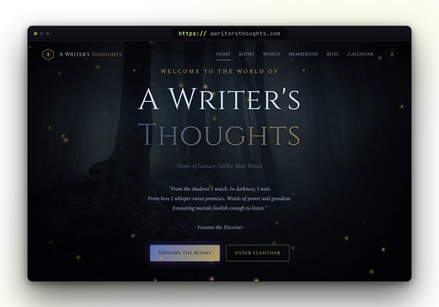 A Writer's Thoughts author website built by Forge